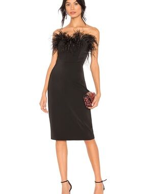 LPA Strapless Black Feather-Trim Midi Dress